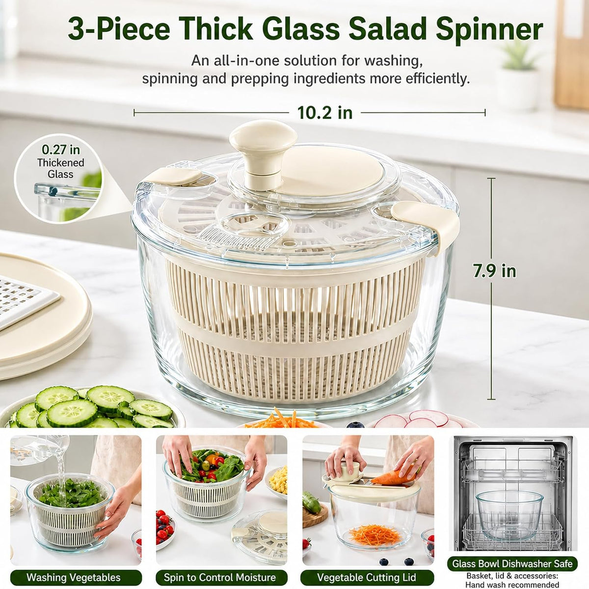 Borosilicate Glass Large Salad Spinner Vegetable Washer 5.2 Quart BPA-Free Slicer Drain with 5 Chopping Blades Dishwasher Safe Handle Washing and Dehydrating Lettuce Fruit Veggie Bowl