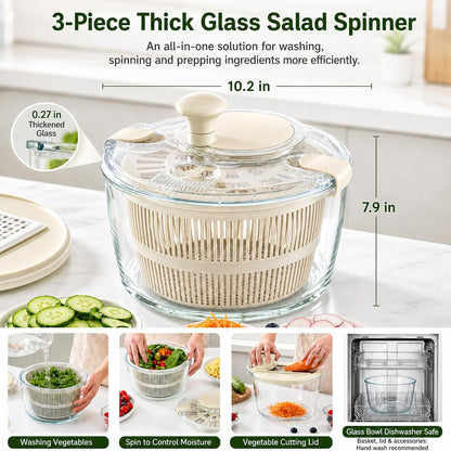 Borosilicate Glass Large Salad Spinner Vegetable Washer 5.2 Quart BPA-Free Slicer Drain with 5 Chopping Blades Dishwasher Safe Handle Washing and Dehydrating Lettuce Fruit Veggie Bowl