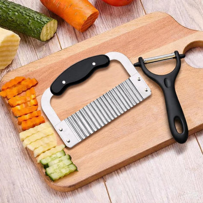 Crinkle Cutter & Waffle Fry Cutter Set, Crinkle Cut Fries Tool with Peeler – Stainless Steel Crinkle Cut Knife for Potatoes & Veggies