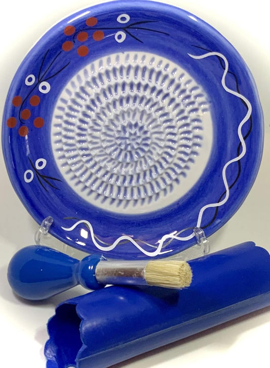 Premium Ceramic Garlic Grater Plate Set - Cherry Line on Blue | Includes 5.25" Plate, Peeler, Brush, and Stand - For Strawberries, Ginger, Chocolate, Cheese, and more - Make your own puree!