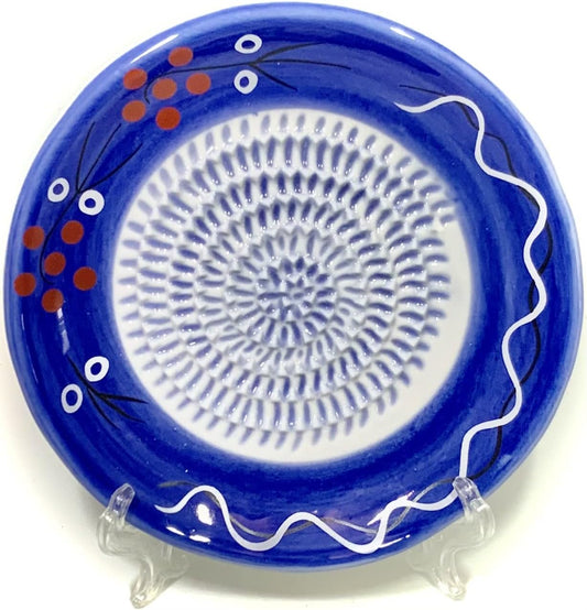 Premium Ceramic Garlic Grater Plate Set - Cherry Line on Blue | Includes 5.25" Plate, Peeler, Brush, and Stand - For Strawberries, Ginger, Chocolate, Cheese, and more - Make your own puree!
