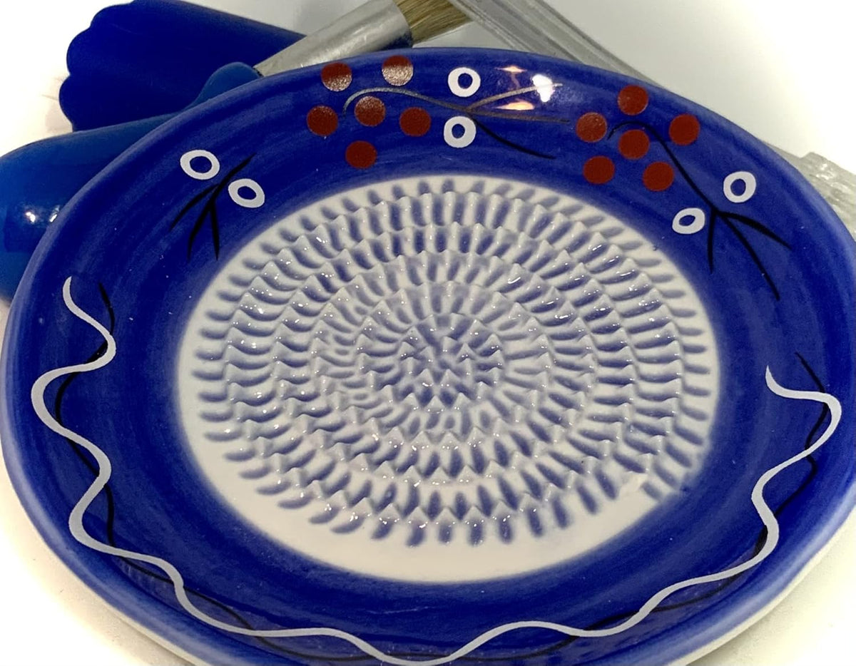 Premium Ceramic Garlic Grater Plate Set - Cherry Line on Blue | Includes 5.25" Plate, Peeler, Brush, and Stand - For Strawberries, Ginger, Chocolate, Cheese, and more - Make your own puree!