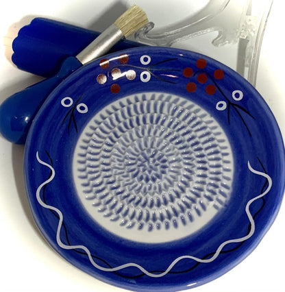 Premium Ceramic Garlic Grater Plate Set - Cherry Line on Blue | Includes 5.25" Plate, Peeler, Brush, and Stand - For Strawberries, Ginger, Chocolate, Cheese, and more - Make your own puree!
