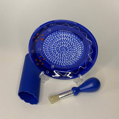 Premium Ceramic Garlic Grater Plate Set - Cherry Line on Blue | Includes 5.25" Plate, Peeler, Brush, and Stand - For Strawberries, Ginger, Chocolate, Cheese, and more - Make your own puree!