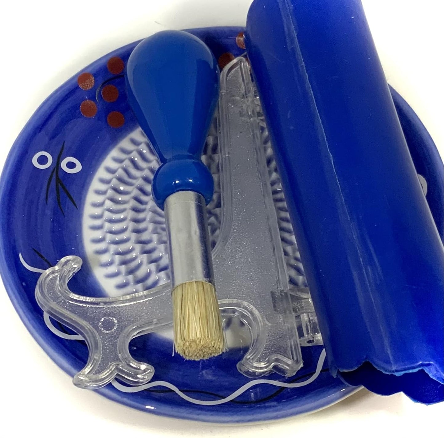 Premium Ceramic Garlic Grater Plate Set - Cherry Line on Blue | Includes 5.25" Plate, Peeler, Brush, and Stand - For Strawberries, Ginger, Chocolate, Cheese, and more - Make your own puree!