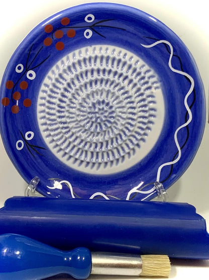 Premium Ceramic Garlic Grater Plate Set - Cherry Line on Blue | Includes 5.25" Plate, Peeler, Brush, and Stand - For Strawberries, Ginger, Chocolate, Cheese, and more - Make your own puree!