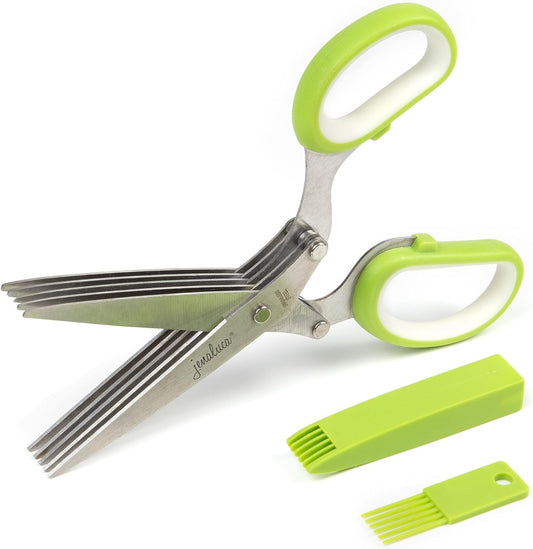 5-Blade Herb Scissors, Stainless Steel Kitchen Shears, Green | Cut & chop fresh herbs & leafy greens efficiently. Perfect salad scissors. Includes cleaning comb & safety cover.