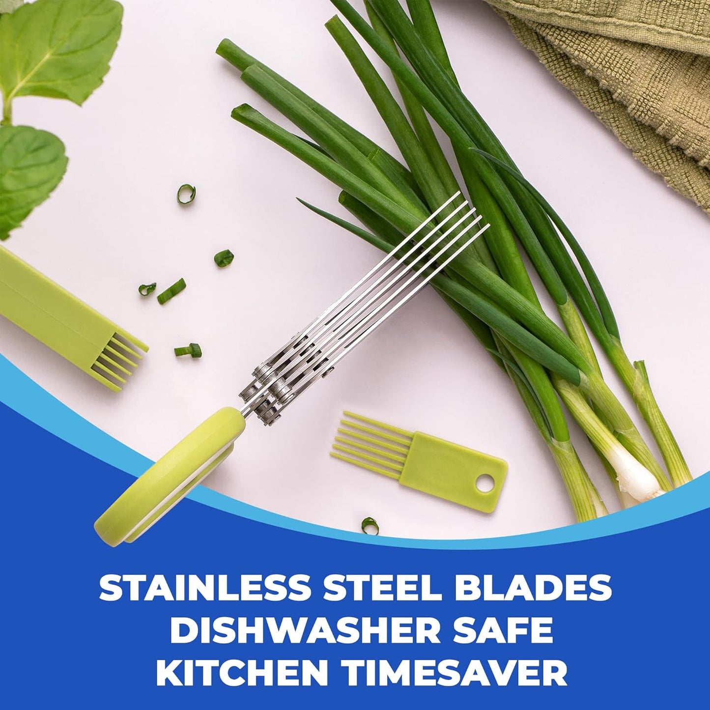 5-Blade Herb Scissors, Stainless Steel Kitchen Shears, Green | Cut & chop fresh herbs & leafy greens efficiently. Perfect salad scissors. Includes cleaning comb & safety cover.