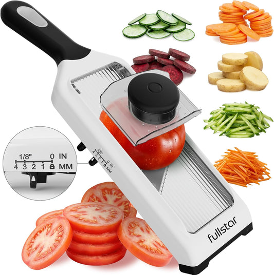 2-in-1 Handheld Mandoline Slicer for Kitchen - 4 Thickness Settings Vegetable Food Onion Slicer, Julienne Blade, Stainless Steel Guard, Easy to Use, Sharp Blades, Veggie Slicer & Fruit Cutter