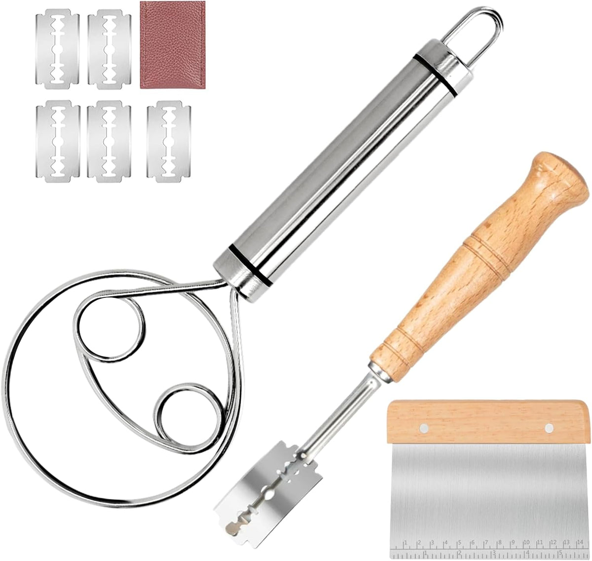 Danish Dough Whisk Bread Whisk Bread Making Tools Set of 3 pieces Premium Stainless Steel Dutch Whisk with Dough Scraper Bread Cutter and Bread Lame Dough Scoring Tool + 5 Blades and Case