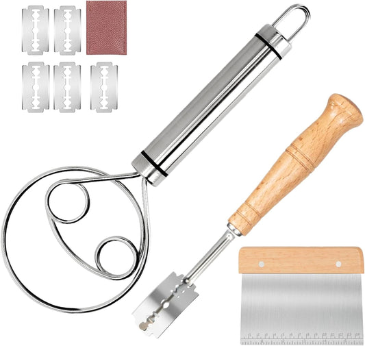 Danish Dough Whisk Bread Whisk Bread Making Tools Set of 3 pieces Premium Stainless Steel Dutch Whisk with Dough Scraper Bread Cutter and Bread Lame Dough Scoring Tool + 5 Blades and Case