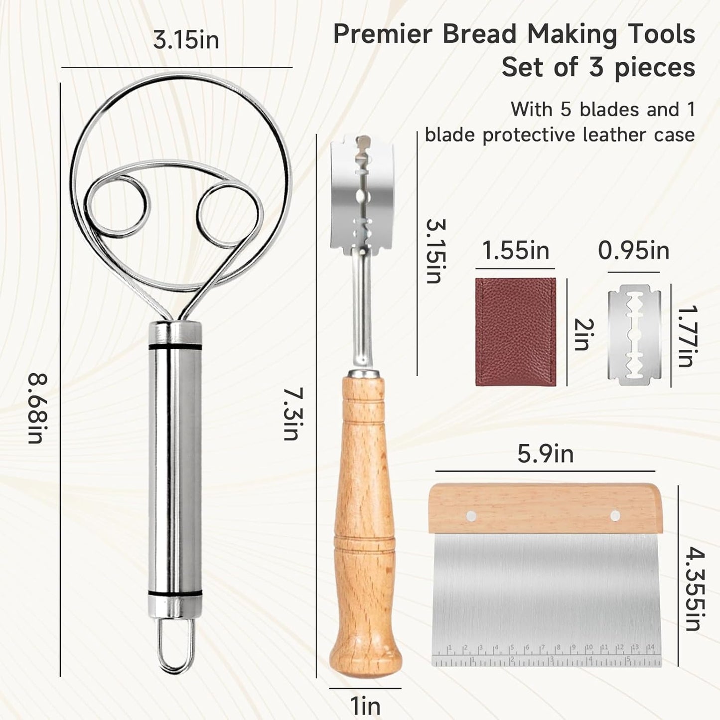 Danish Dough Whisk Bread Whisk Bread Making Tools Set of 3 pieces Premium Stainless Steel Dutch Whisk with Dough Scraper Bread Cutter and Bread Lame Dough Scoring Tool + 5 Blades and Case
