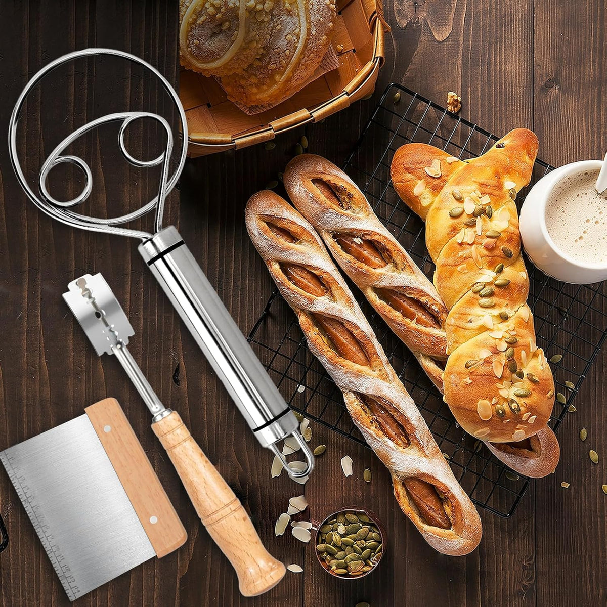 Danish Dough Whisk Bread Whisk Bread Making Tools Set of 3 pieces Premium Stainless Steel Dutch Whisk with Dough Scraper Bread Cutter and Bread Lame Dough Scoring Tool + 5 Blades and Case