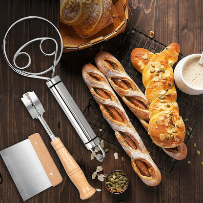 Danish Dough Whisk Bread Whisk Bread Making Tools Set of 3 pieces Premium Stainless Steel Dutch Whisk with Dough Scraper Bread Cutter and Bread Lame Dough Scoring Tool + 5 Blades and Case
