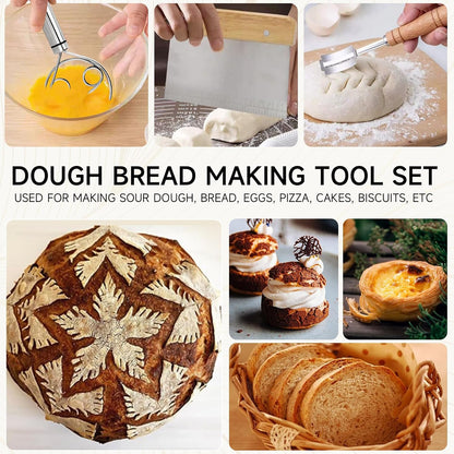 Danish Dough Whisk Bread Whisk Bread Making Tools Set of 3 pieces Premium Stainless Steel Dutch Whisk with Dough Scraper Bread Cutter and Bread Lame Dough Scoring Tool + 5 Blades and Case