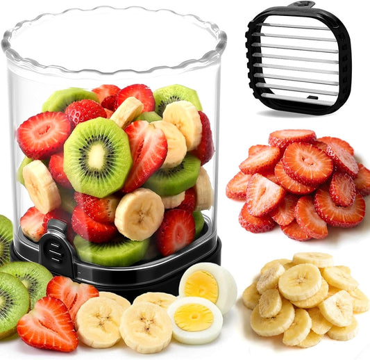Strawberry Slicer, Black, 1-Pack | Stainless Steel Blades, Egg & Fruit Slicer Cup, For Banana, Cucumber, Mushroom, ABS Detachable, Precision Berry Cutter Tool