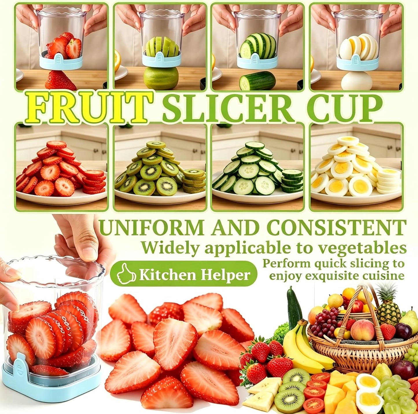 Strawberry Slicer, Black, 1-Pack | Stainless Steel Blades, Egg & Fruit Slicer Cup, For Banana, Cucumber, Mushroom, ABS Detachable, Precision Berry Cutter Tool