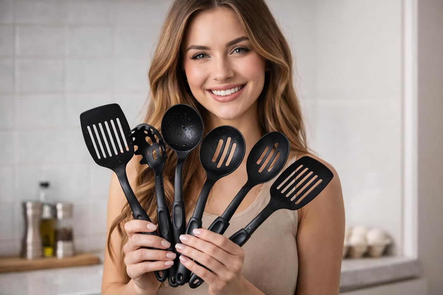 Silicone Cooking Utensils Set (6-Piece) - 446°F Heat Resistant, Non-Stick Safe Turner Spatula Spoon Set, BPA-Free Dishwasher Safe with Hanging Ring, Kitchen Gadgets for Non-Stick Cookware