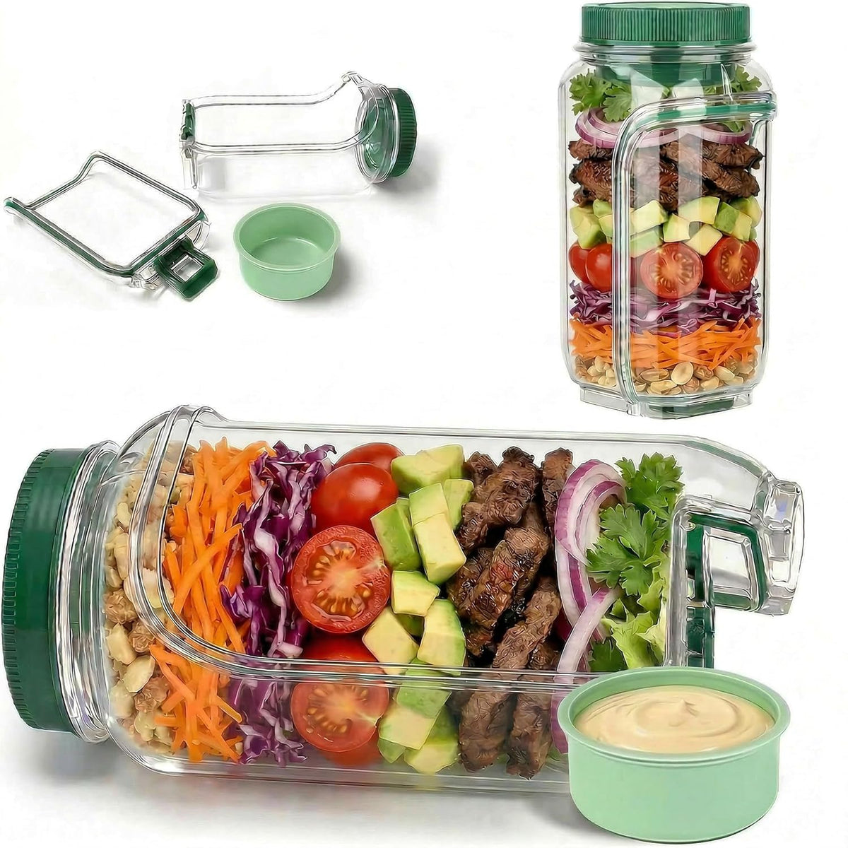 Portable Salad Jar with Side Opening, 1000ml Leakproof mason jar, Vertical Layering Keeps Salads Fresh, Leak-resitant Salad pod with Dressing Cup, Durable Salad Container for Lunch, Meal Prep & Work