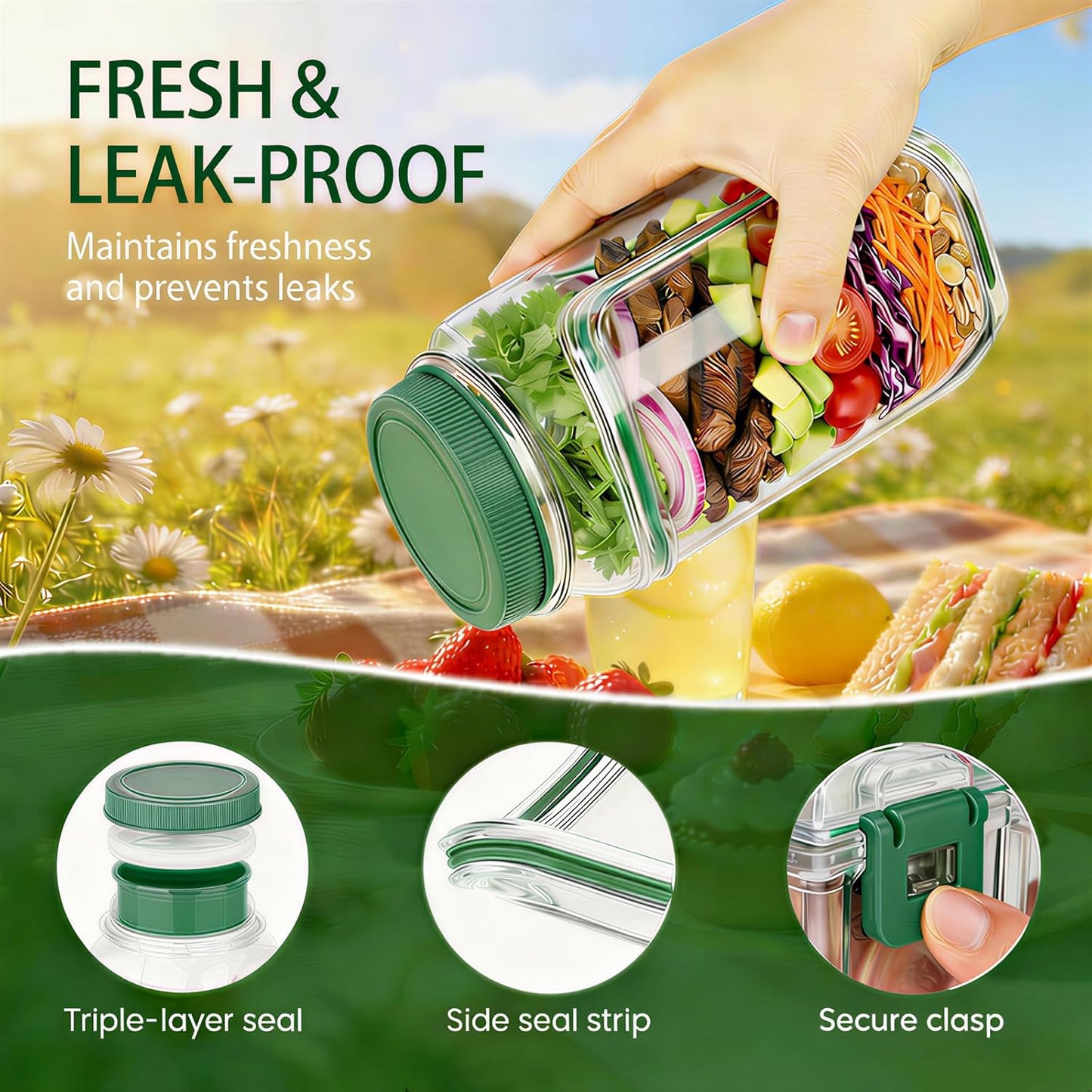 Portable Salad Jar with Side Opening, 1000ml Leakproof mason jar, Vertical Layering Keeps Salads Fresh, Leak-resitant Salad pod with Dressing Cup, Durable Salad Container for Lunch, Meal Prep & Work