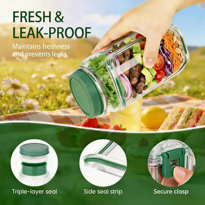 Portable Salad Jar with Side Opening, 1000ml Leakproof mason jar, Vertical Layering Keeps Salads Fresh, Leak-resitant Salad pod with Dressing Cup, Durable Salad Container for Lunch, Meal Prep & Work