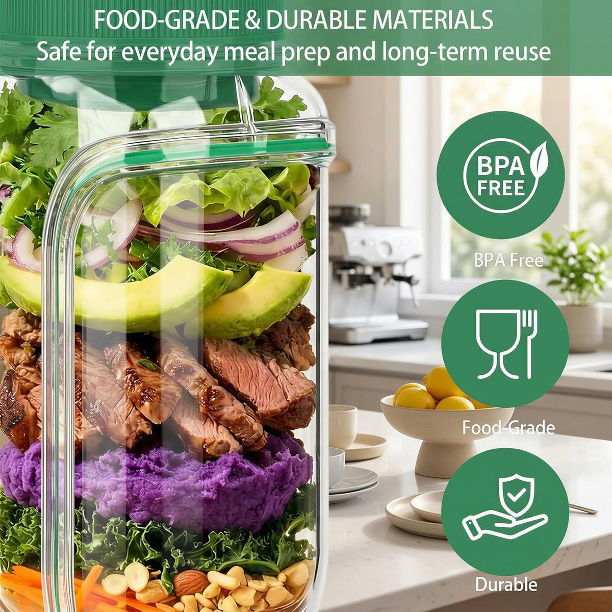 Portable Salad Jar with Side Opening, 1000ml Leakproof mason jar, Vertical Layering Keeps Salads Fresh, Leak-resitant Salad pod with Dressing Cup, Durable Salad Container for Lunch, Meal Prep & Work