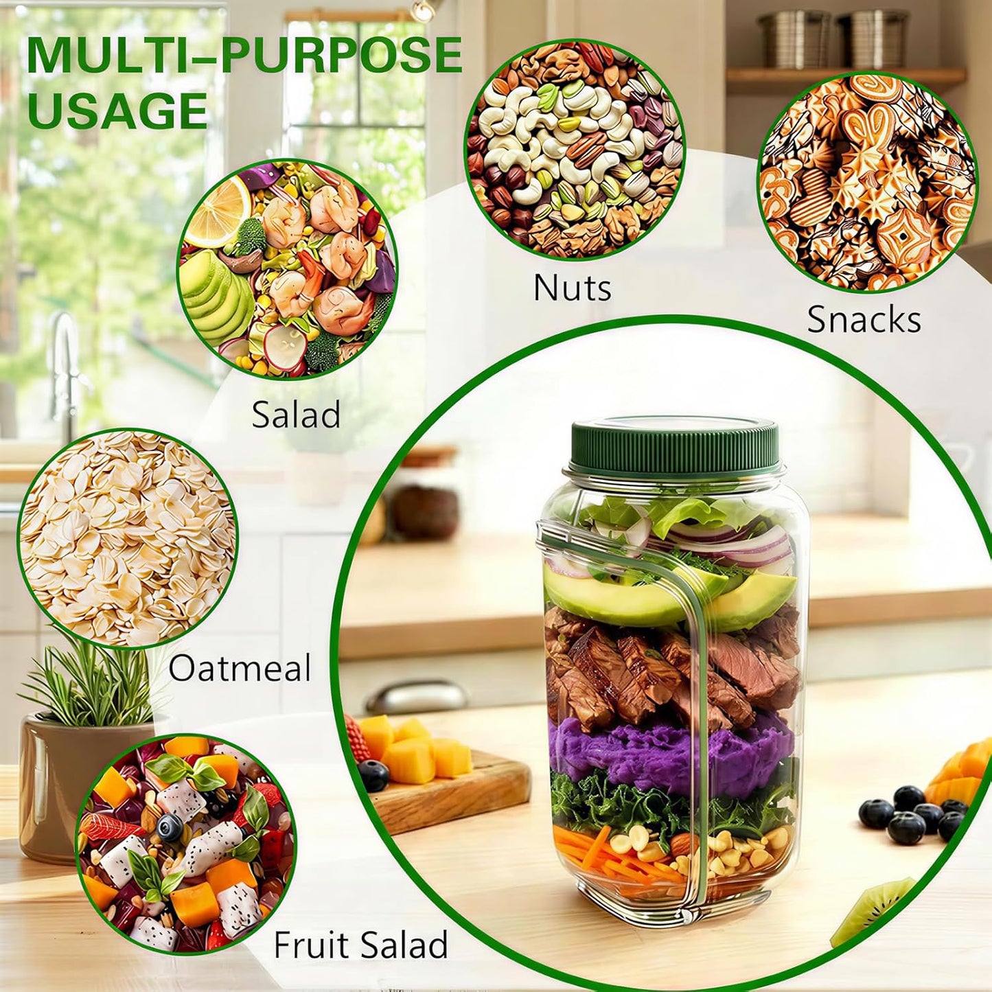 Portable Salad Jar with Side Opening, 1000ml Leakproof mason jar, Vertical Layering Keeps Salads Fresh, Leak-resitant Salad pod with Dressing Cup, Durable Salad Container for Lunch, Meal Prep & Work