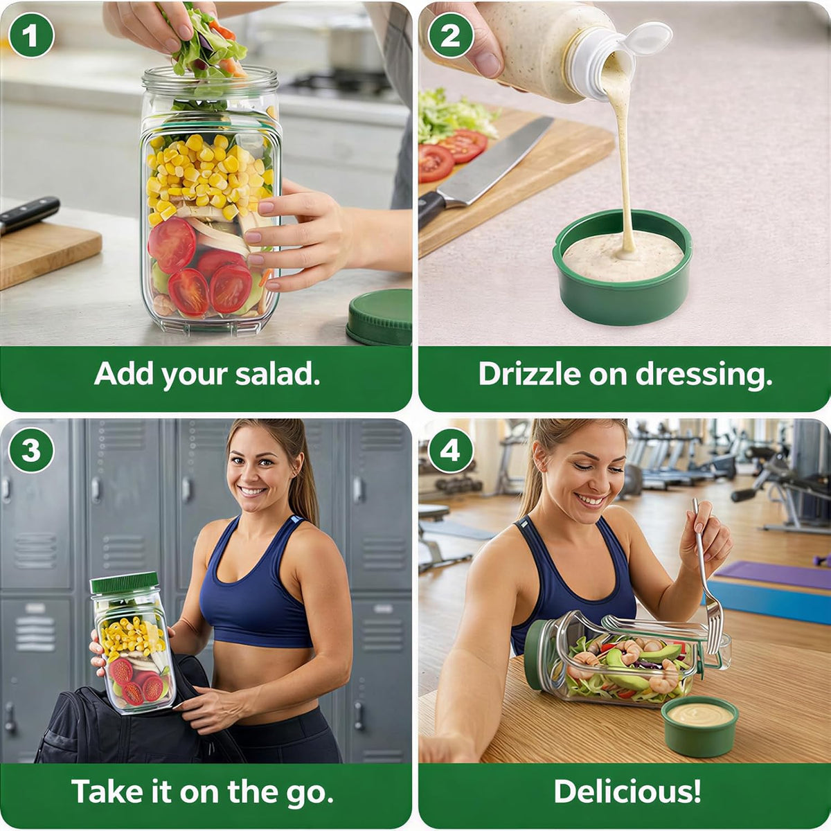 Portable Salad Jar with Side Opening, 1000ml Leakproof mason jar, Vertical Layering Keeps Salads Fresh, Leak-resitant Salad pod with Dressing Cup, Durable Salad Container for Lunch, Meal Prep & Work