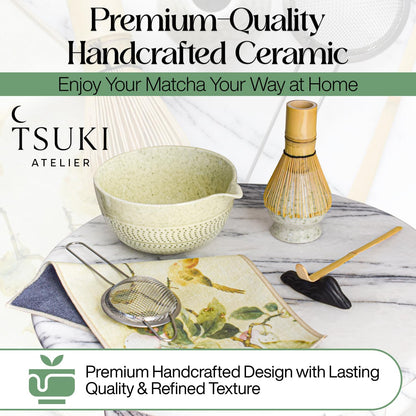 7 Pcs Matcha Whisk Set – Matcha Kit - Ceramic Bowl, Bamboo Whisk & Holder, Scoop, Sifter, Scoop Rest & Tea Towel – Elegant Matcha Kit for Tea Lovers, Home Decor & Zen Spaces (Green)