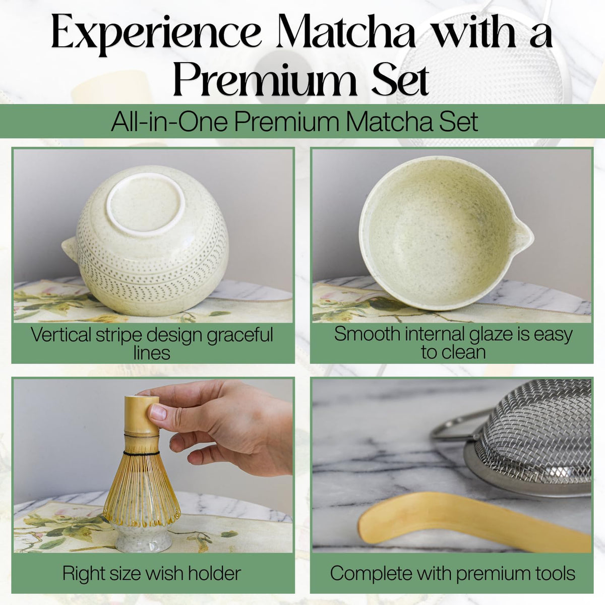 7 Pcs Matcha Whisk Set – Matcha Kit - Ceramic Bowl, Bamboo Whisk & Holder, Scoop, Sifter, Scoop Rest & Tea Towel – Elegant Matcha Kit for Tea Lovers, Home Decor & Zen Spaces (Green)