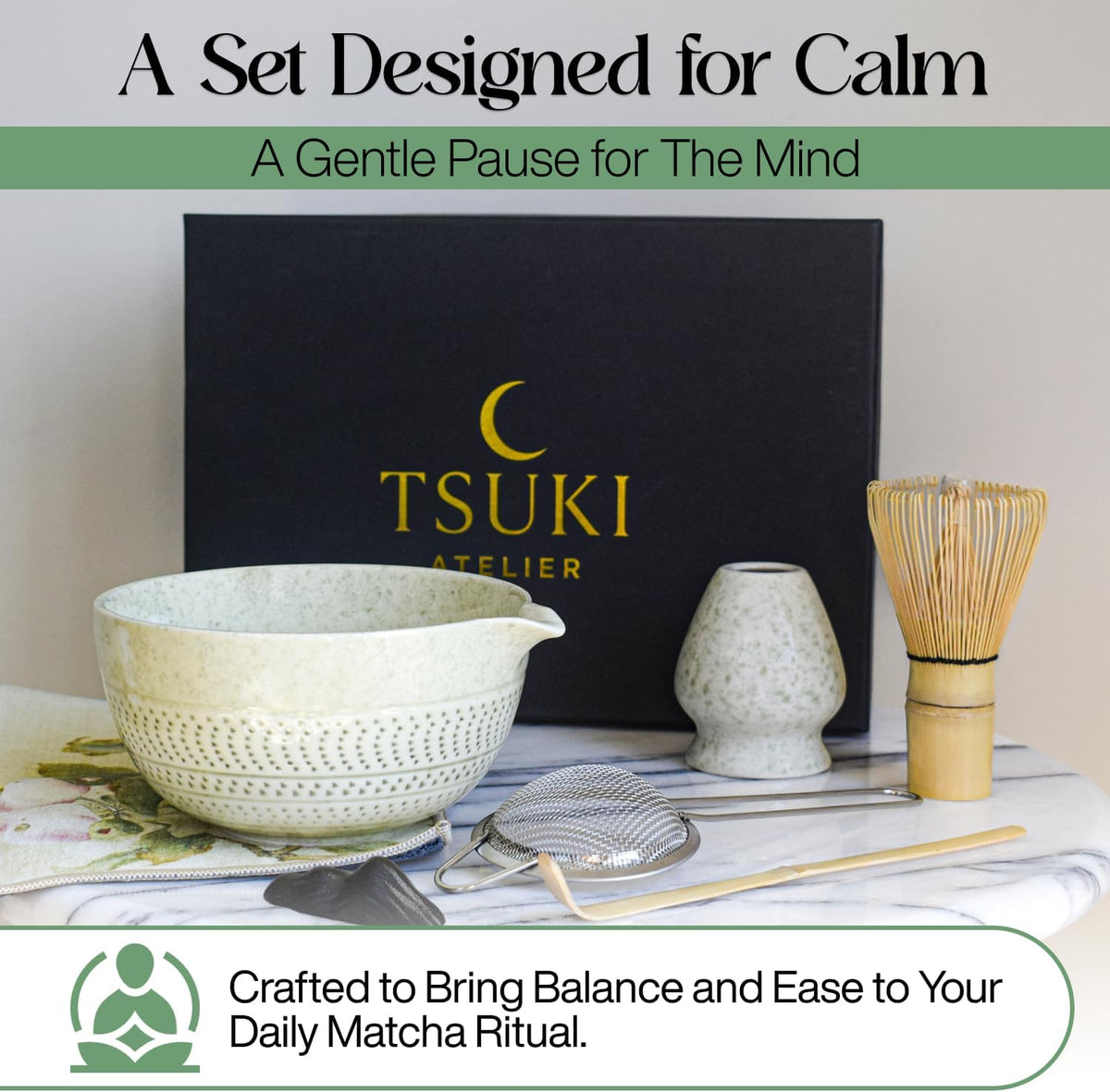 7 Pcs Matcha Whisk Set – Matcha Kit - Ceramic Bowl, Bamboo Whisk & Holder, Scoop, Sifter, Scoop Rest & Tea Towel – Elegant Matcha Kit for Tea Lovers, Home Decor & Zen Spaces (Green)