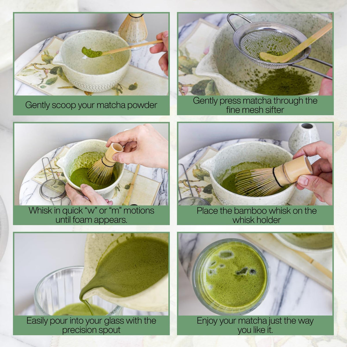7 Pcs Matcha Whisk Set – Matcha Kit - Ceramic Bowl, Bamboo Whisk & Holder, Scoop, Sifter, Scoop Rest & Tea Towel – Elegant Matcha Kit for Tea Lovers, Home Decor & Zen Spaces (Green)