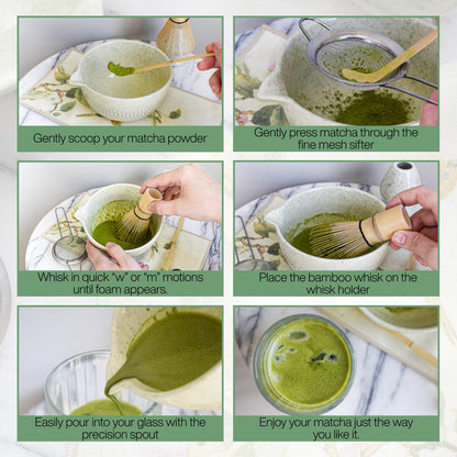 7 Pcs Matcha Whisk Set – Matcha Kit - Ceramic Bowl, Bamboo Whisk & Holder, Scoop, Sifter, Scoop Rest & Tea Towel – Elegant Matcha Kit for Tea Lovers, Home Decor & Zen Spaces (Green)