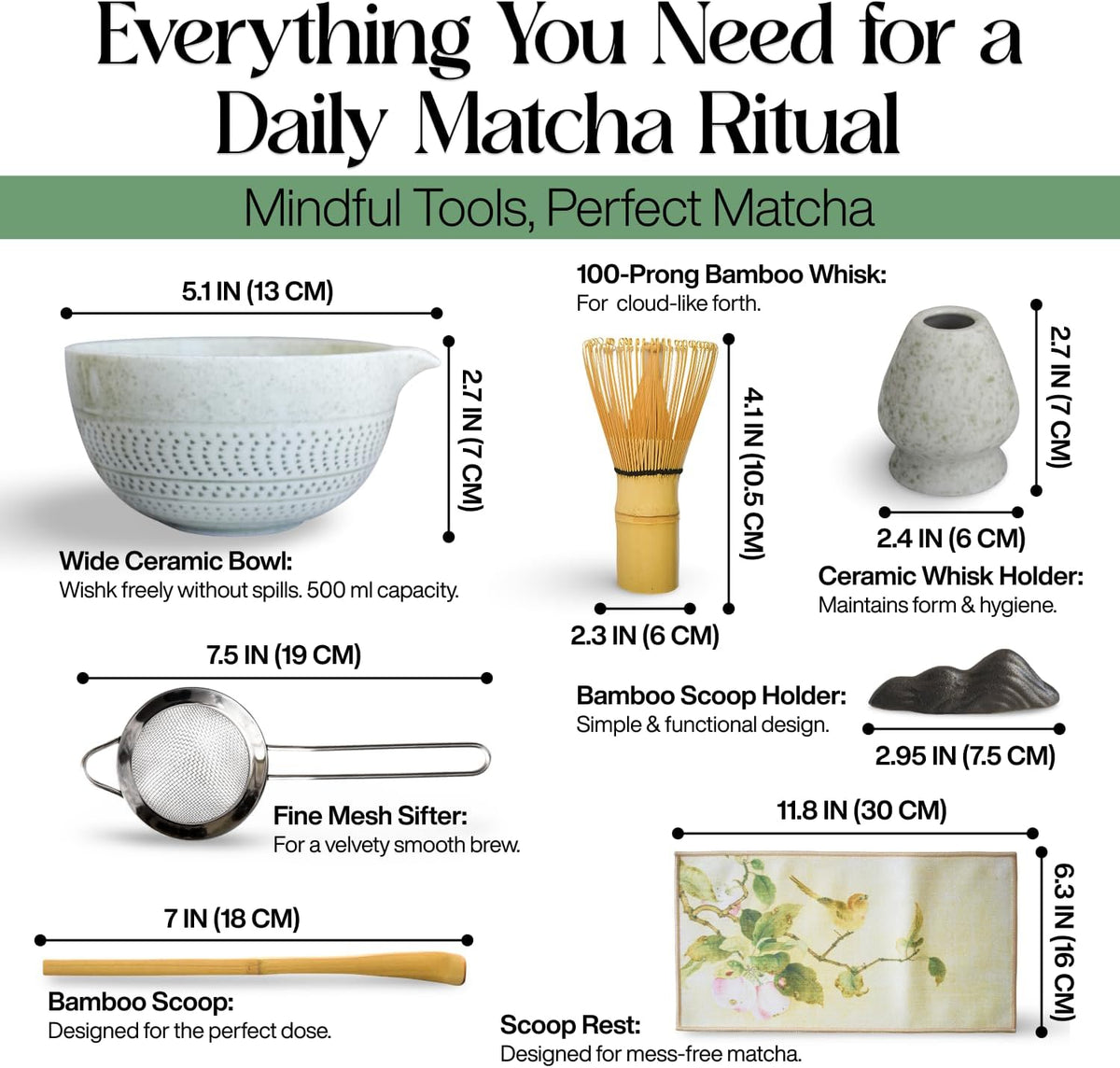 7 Pcs Matcha Whisk Set – Matcha Kit - Ceramic Bowl, Bamboo Whisk & Holder, Scoop, Sifter, Scoop Rest & Tea Towel – Elegant Matcha Kit for Tea Lovers, Home Decor & Zen Spaces (Green)