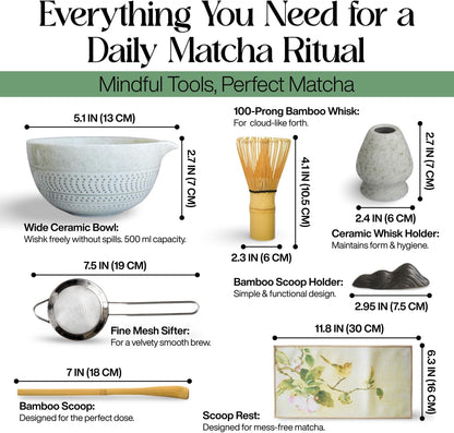 7 Pcs Matcha Whisk Set – Matcha Kit - Ceramic Bowl, Bamboo Whisk & Holder, Scoop, Sifter, Scoop Rest & Tea Towel – Elegant Matcha Kit for Tea Lovers, Home Decor & Zen Spaces (Green)