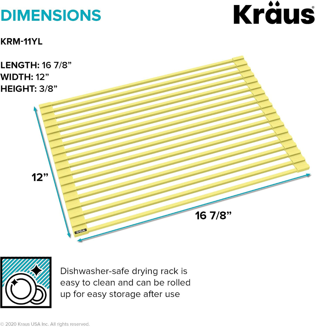 Multipurpose Workstation Sink Roll-Up Dish Drying Rack, Colander and Trivet in Yellow, KRM-11YL
