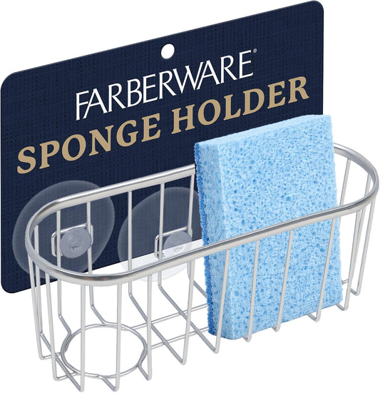 Farberware Metal Sponge Holder for Kitchen Sink, 7.13"x2.88"x3" | Triple suction cups grip steel, glass, or tile, open frame helps dry sponges faster, holds soap and brushes too
