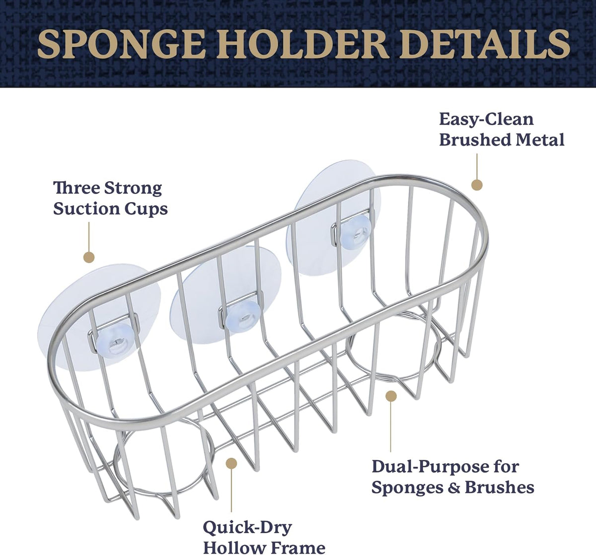 Farberware Metal Sponge Holder for Kitchen Sink, 7.13"x2.88"x3" | Triple suction cups grip steel, glass, or tile, open frame helps dry sponges faster, holds soap and brushes too
