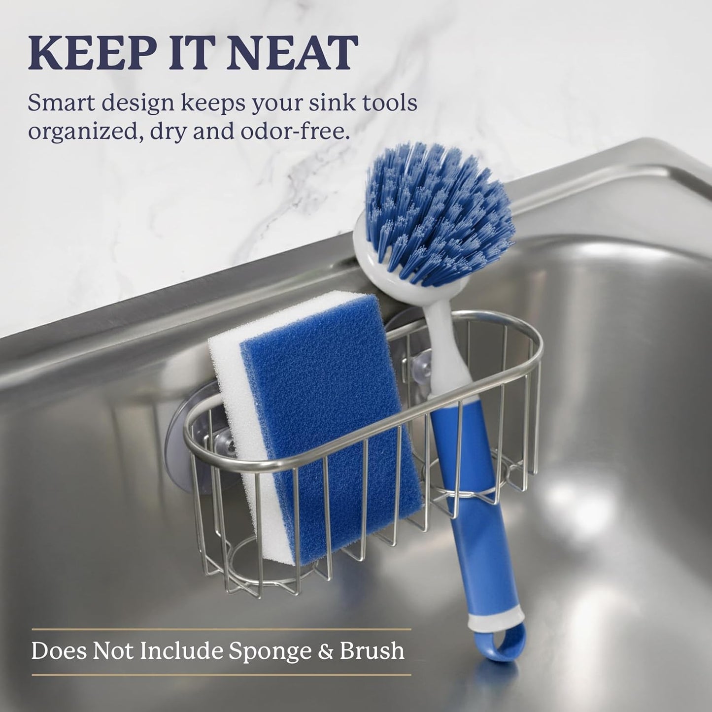 Farberware Metal Sponge Holder for Kitchen Sink, 7.13"x2.88"x3" | Triple suction cups grip steel, glass, or tile, open frame helps dry sponges faster, holds soap and brushes too