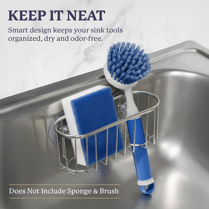 Farberware Metal Sponge Holder for Kitchen Sink, 7.13"x2.88"x3" | Triple suction cups grip steel, glass, or tile, open frame helps dry sponges faster, holds soap and brushes too