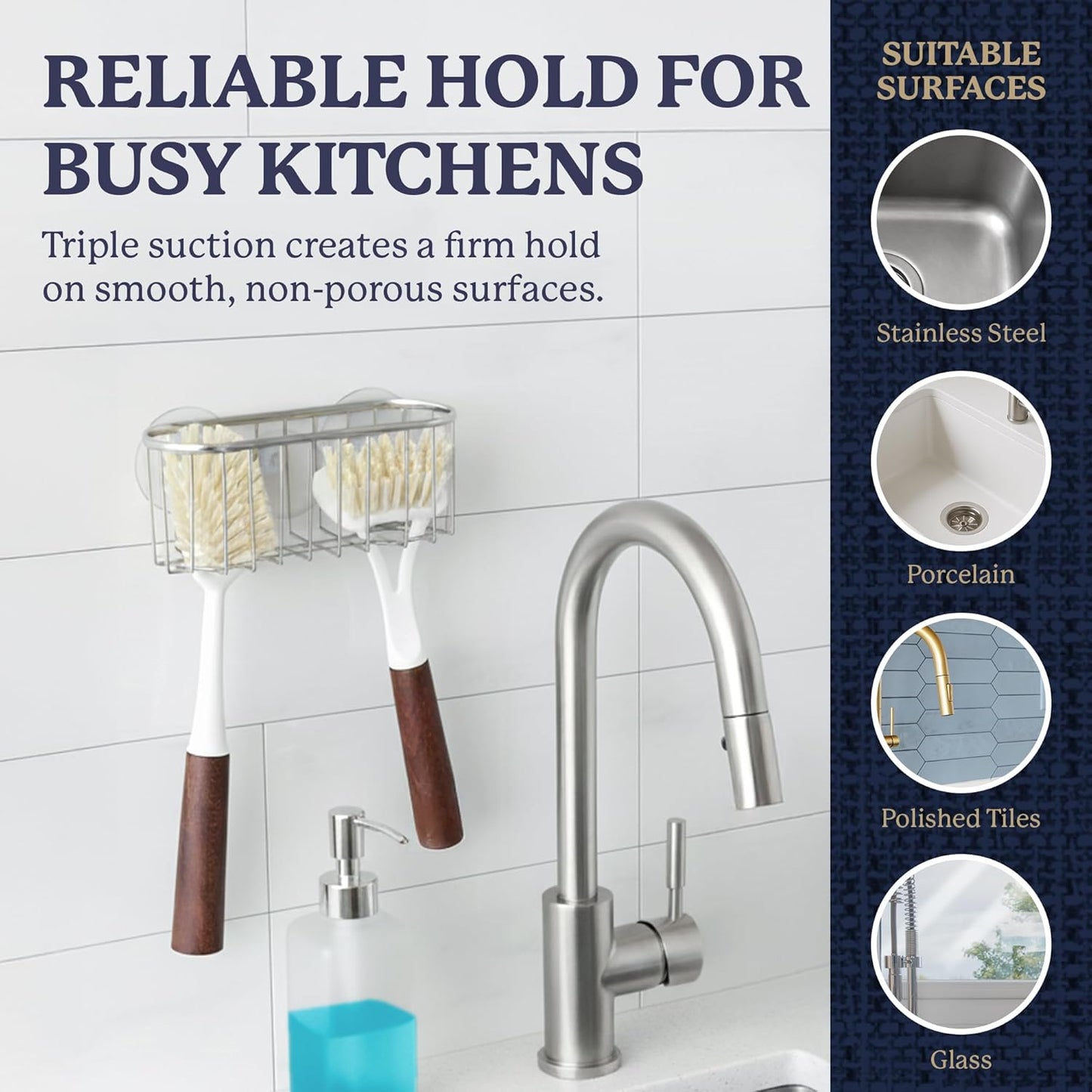 Farberware Metal Sponge Holder for Kitchen Sink, 7.13"x2.88"x3" | Triple suction cups grip steel, glass, or tile, open frame helps dry sponges faster, holds soap and brushes too