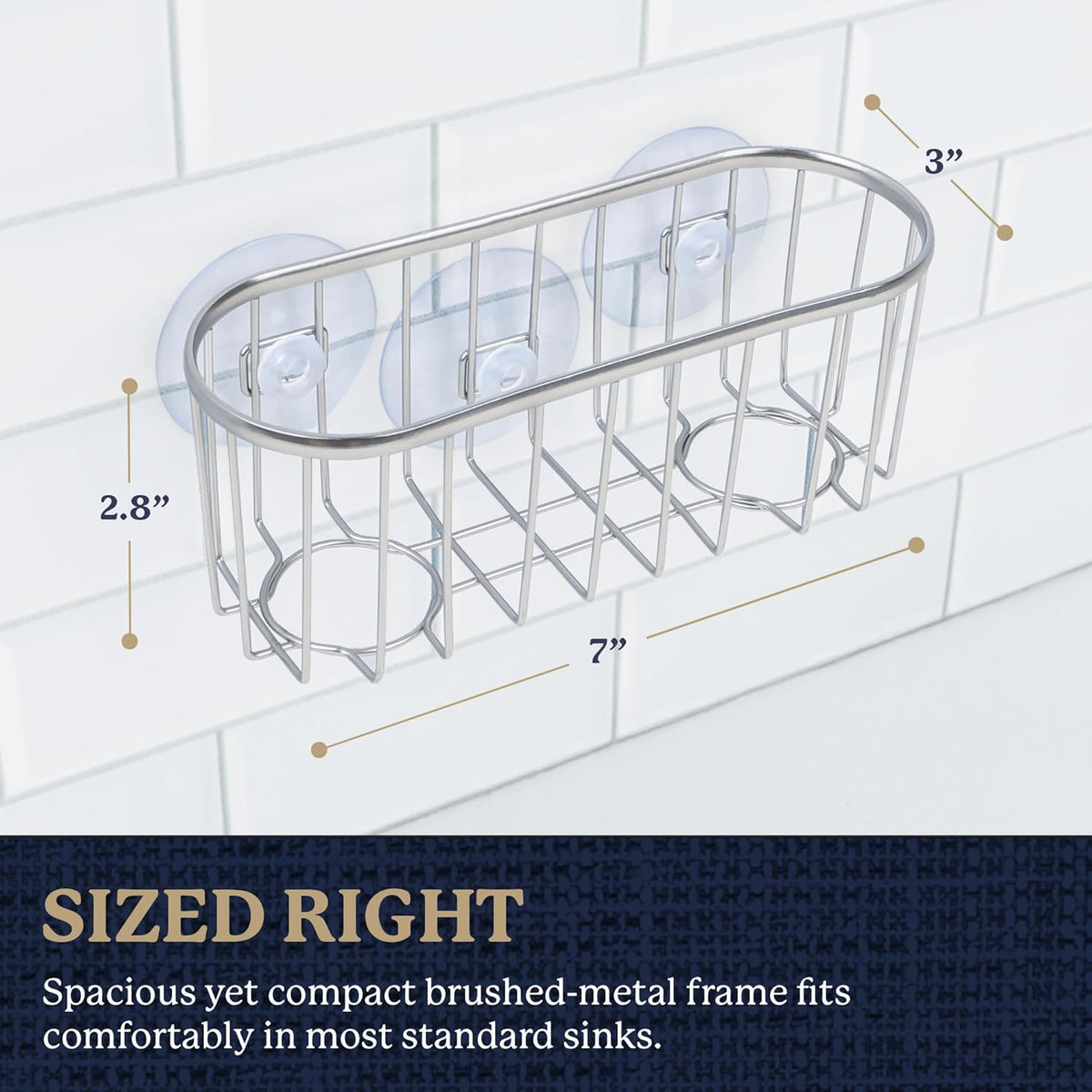 Farberware Metal Sponge Holder for Kitchen Sink, 7.13"x2.88"x3" | Triple suction cups grip steel, glass, or tile, open frame helps dry sponges faster, holds soap and brushes too