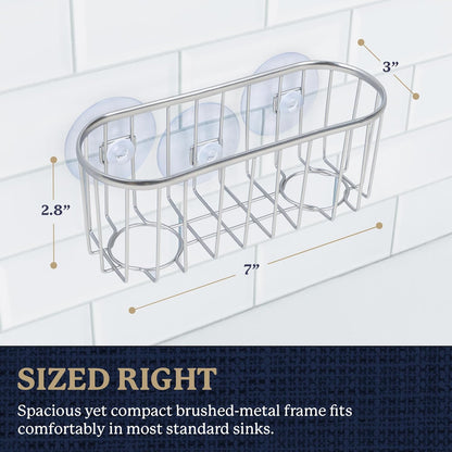Farberware Metal Sponge Holder for Kitchen Sink, 7.13"x2.88"x3" | Triple suction cups grip steel, glass, or tile, open frame helps dry sponges faster, holds soap and brushes too