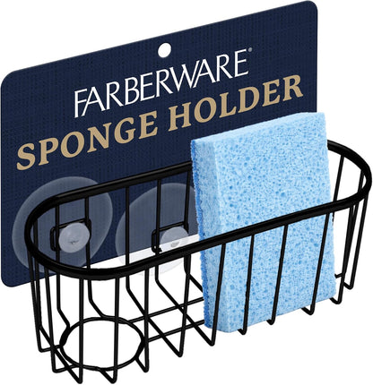 Farberware Metal Sponge Holder for Kitchen Sink, 7.13"x2.88"x3" | Triple suction cups grip steel, glass, or tile, open frame helps dry sponges faster, holds soap and brushes too