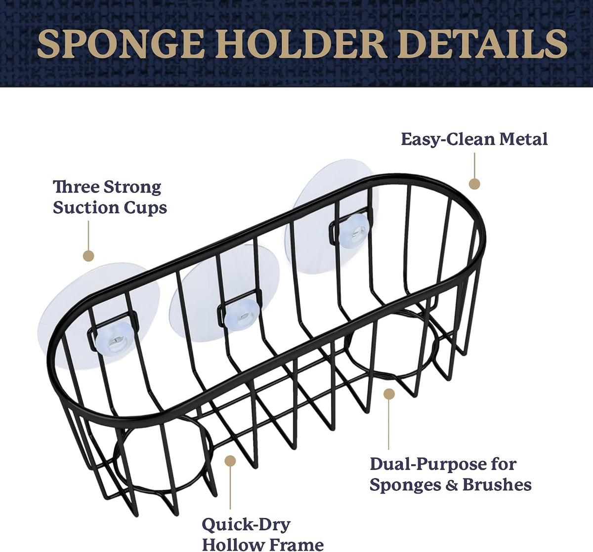 Farberware Metal Sponge Holder for Kitchen Sink, 7.13"x2.88"x3" | Triple suction cups grip steel, glass, or tile, open frame helps dry sponges faster, holds soap and brushes too