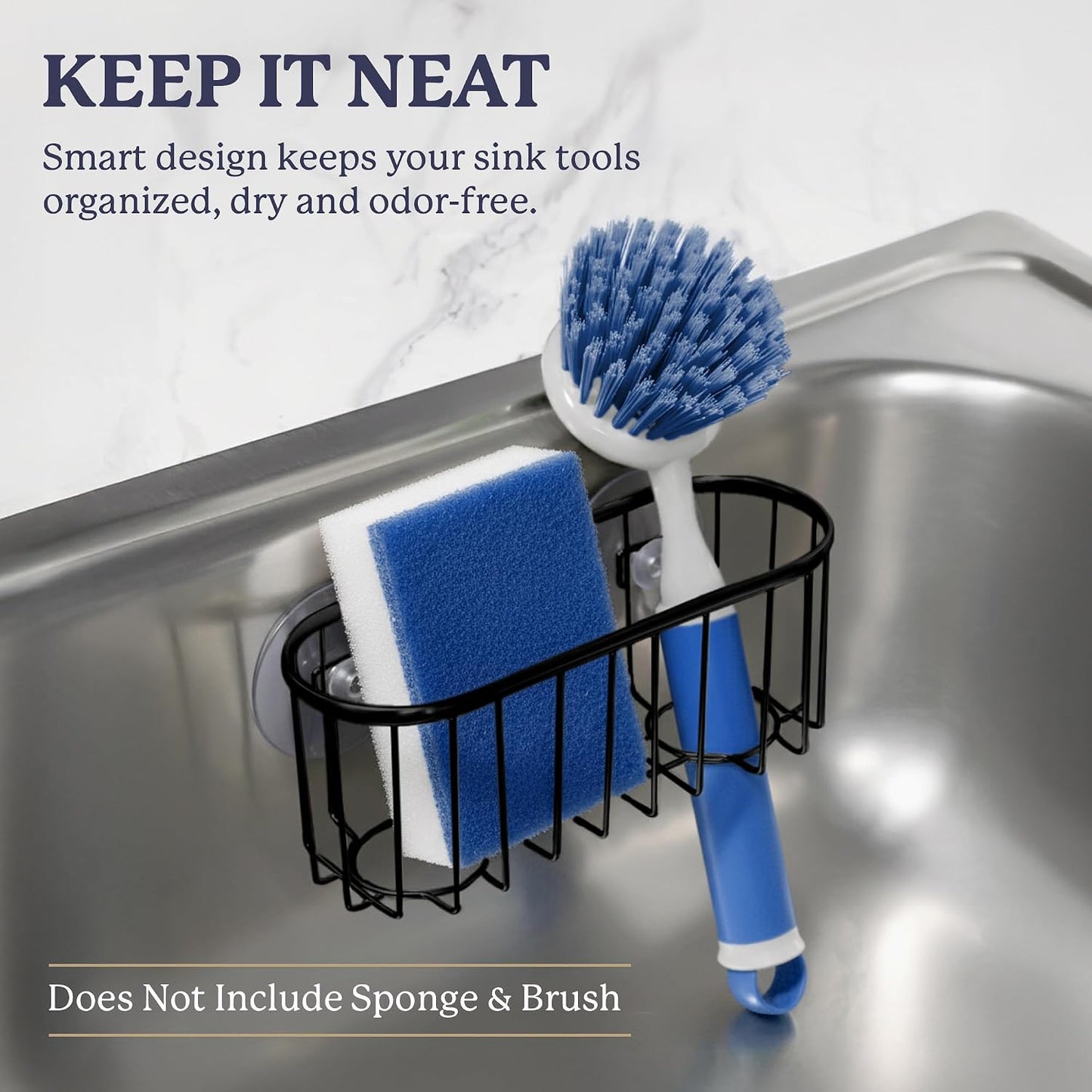 Farberware Metal Sponge Holder for Kitchen Sink, 7.13"x2.88"x3" | Triple suction cups grip steel, glass, or tile, open frame helps dry sponges faster, holds soap and brushes too