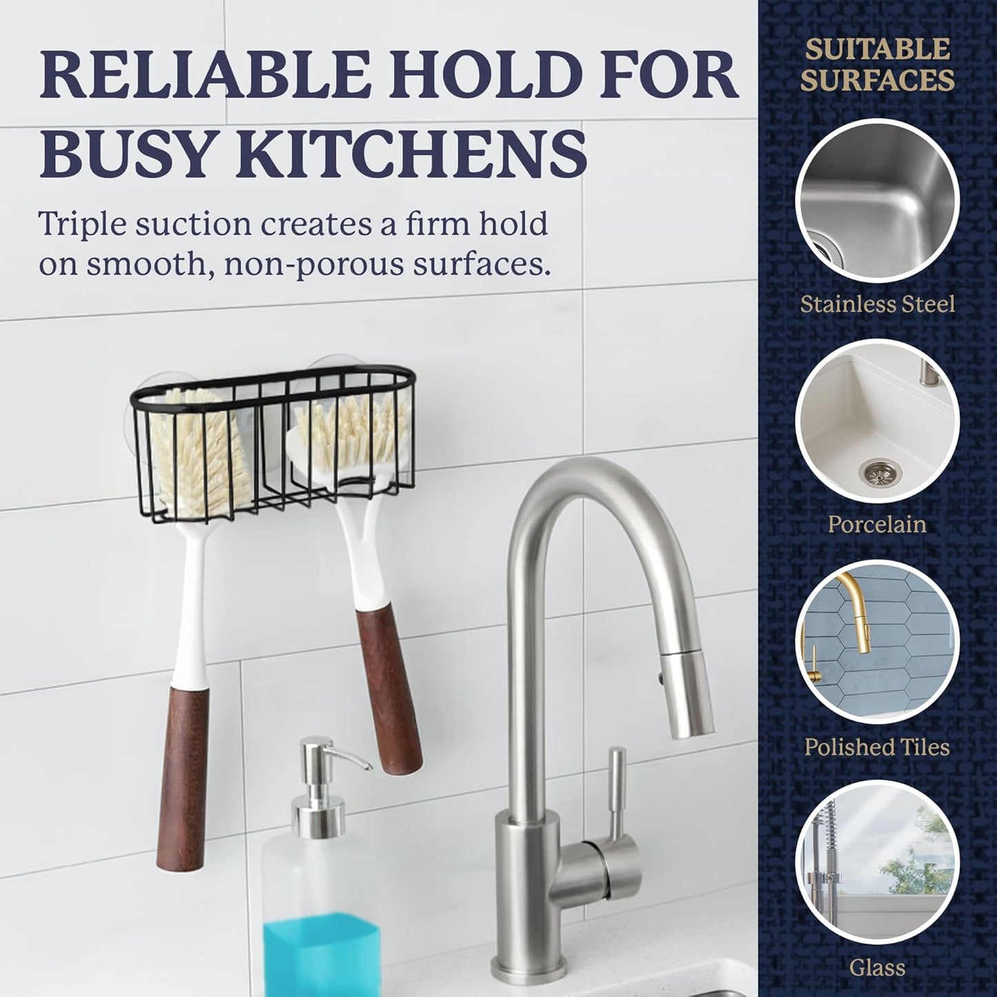 Farberware Metal Sponge Holder for Kitchen Sink, 7.13"x2.88"x3" | Triple suction cups grip steel, glass, or tile, open frame helps dry sponges faster, holds soap and brushes too