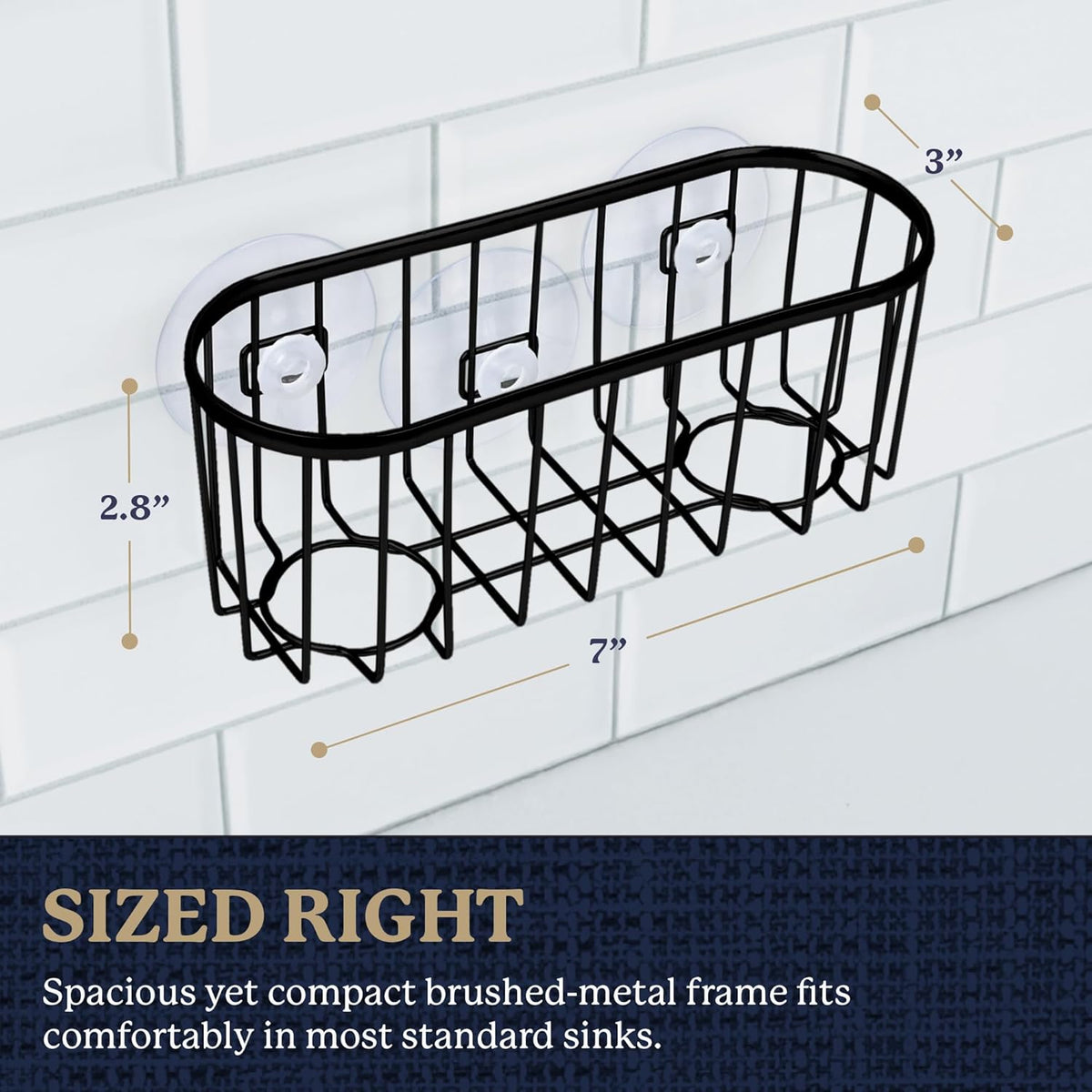 Farberware Metal Sponge Holder for Kitchen Sink, 7.13"x2.88"x3" | Triple suction cups grip steel, glass, or tile, open frame helps dry sponges faster, holds soap and brushes too