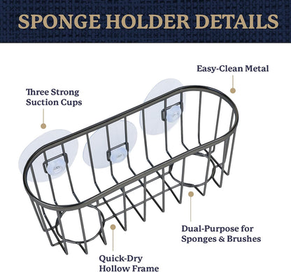 Farberware Metal Sponge Holder for Kitchen Sink, 7.13"x2.88"x3" | Triple suction cups grip steel, glass, or tile, open frame helps dry sponges faster, holds soap and brushes too