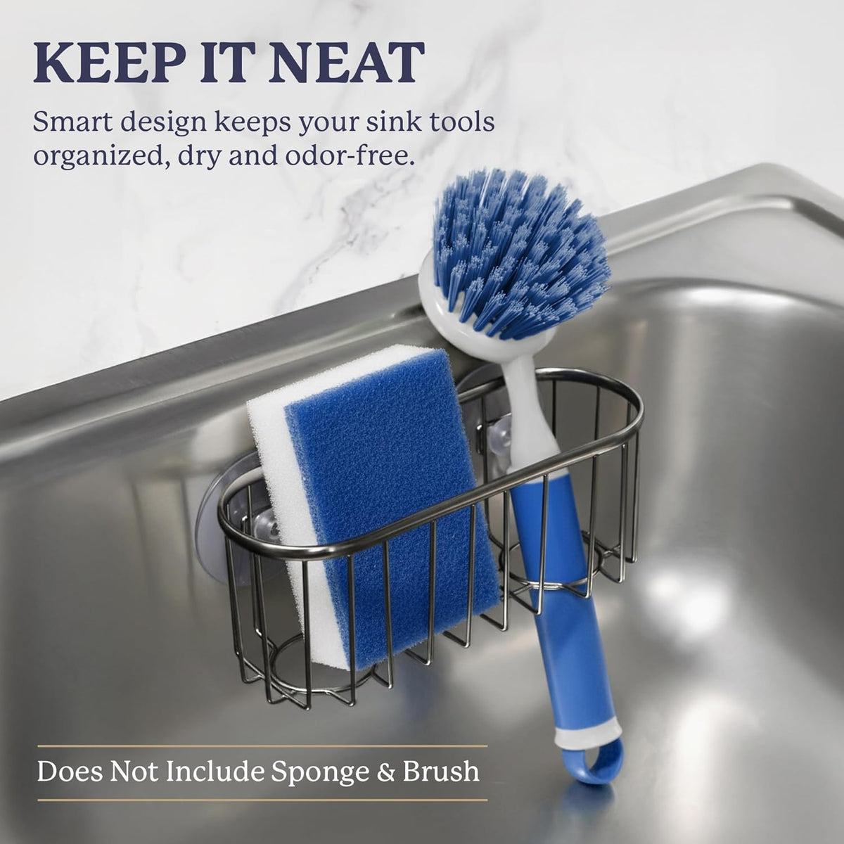 Farberware Metal Sponge Holder for Kitchen Sink, 7.13"x2.88"x3" | Triple suction cups grip steel, glass, or tile, open frame helps dry sponges faster, holds soap and brushes too